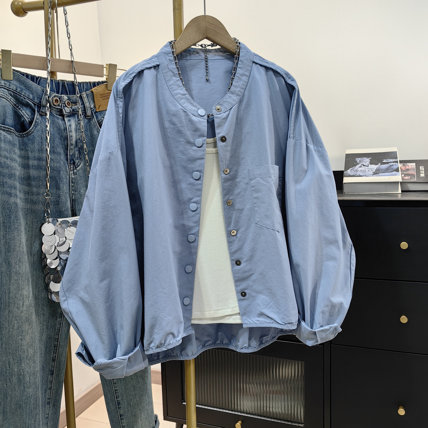 蓝色纯棉圆领大版衬衫女早春新款小个子落肩袖宽松夹克上衣短外套