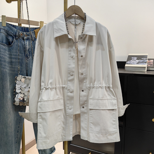 新款 式 米灰色工装 收腰宽松小个子衬衫 外套潮 风衣女中长款 2026春装