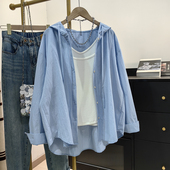 上衣质感防晒衣薄外套 休闲宽松百搭长袖 蓝色带帽衬衫 女夏2025新款