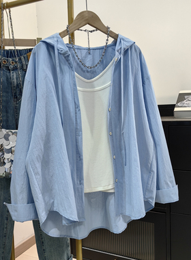 蓝色带帽衬衫女夏2025新款休闲宽松百搭长袖上衣质感防晒衣薄外套