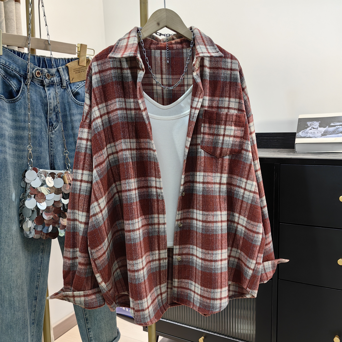 美式复古红格毛呢衬衫女宽松慵懒