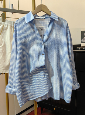 蓝色镂空竖条纹衬衫外套女夏薄款韩版休闲宽松设计感长袖防晒衬衣