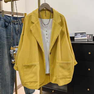 松弛感纯棉西装 韩系休闲慵懒风宽松黄色一粒扣西服 外套女春秋新款