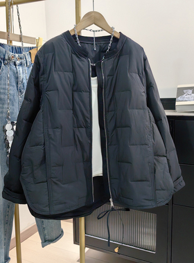 黑色轻薄方格圆领羽绒服女秋冬新款韩系休闲胖mm高级感百搭外套