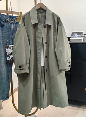 2026春秋新款浅绿色工装风衣女宽松大码慵懒风过膝长款休闲薄外套