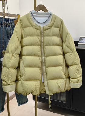 黄色圆领白鸭绒羽绒服女冬季新款韩系宽松加厚拼接保暖百搭外套潮