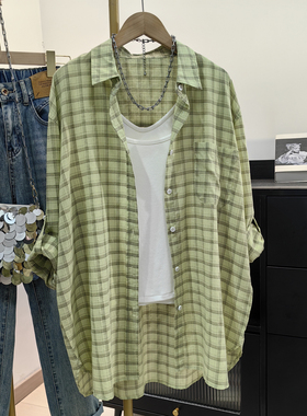 纯棉绿色格子衬衫女春夏中长款休闲百搭洋气挽袖衬衣防晒轻薄外套