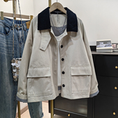 撞色灯芯绒翻领工装 外套女春秋宽松百搭休闲小个子米白色夹克上衣