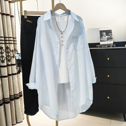 长款条纹衬衫女夏季新品文艺