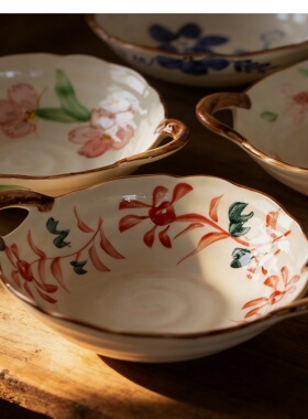 日本美浓烧手绘釉下彩陶瓷双耳深盘日式复古意面盘大盘进口盘子