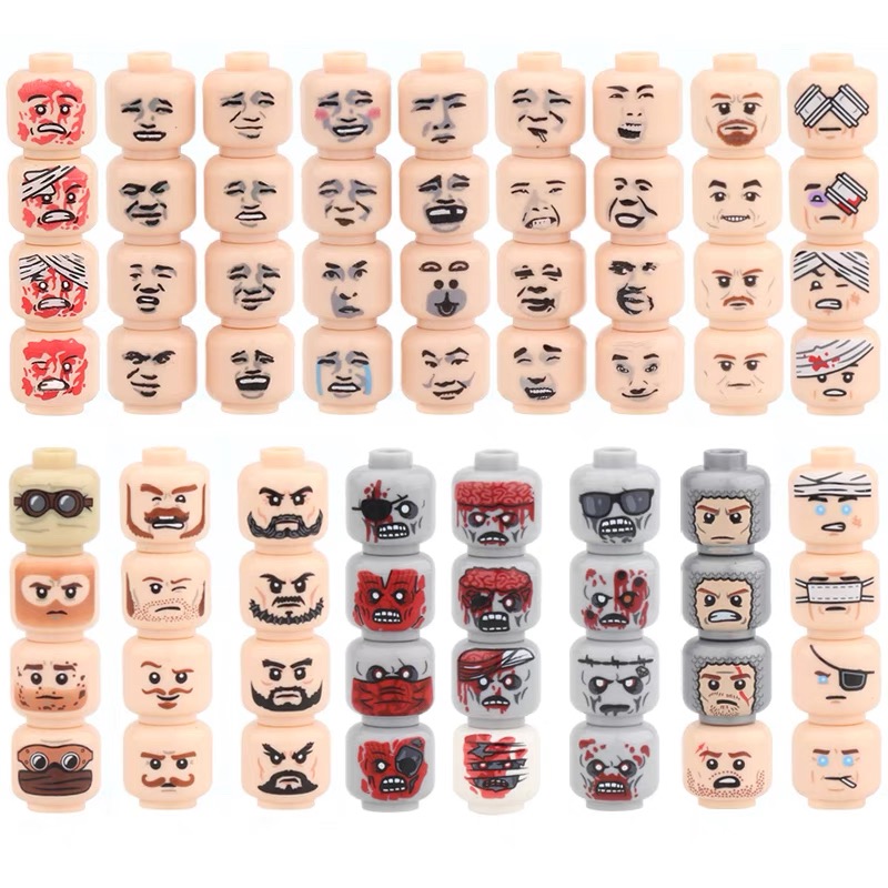小颗粒积木人仔头部受伤丧尸emoji搞笑二次元表情脸部MOC零散配件