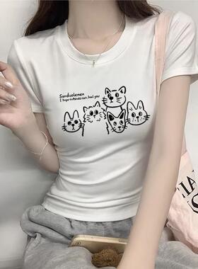 夏季新款白色圆领正肩短袖t恤女卡通猫咪印花简约休闲百搭上衣女