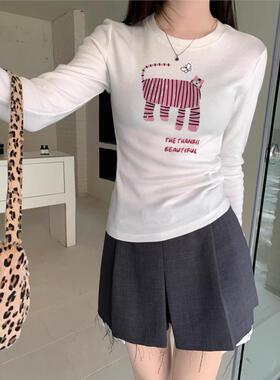 美式白色圆领纯棉上衣打底衫女粉色大猫趣味设计感修身长袖T恤女