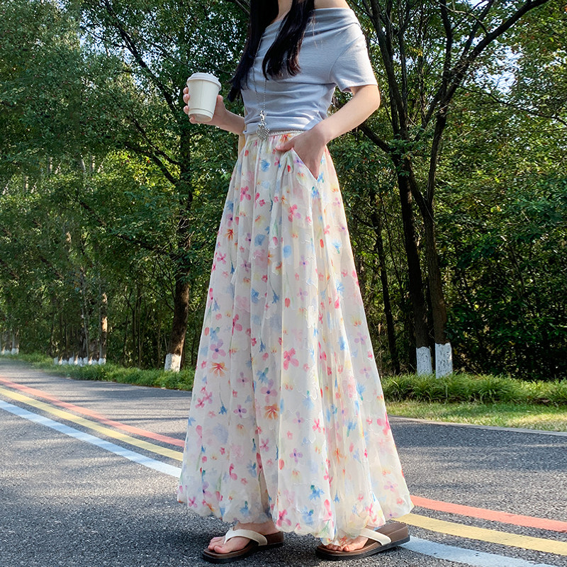 田园彩色碎花花苞裤女夏季新款高腰显瘦休闲九分阔腿画报裙裤