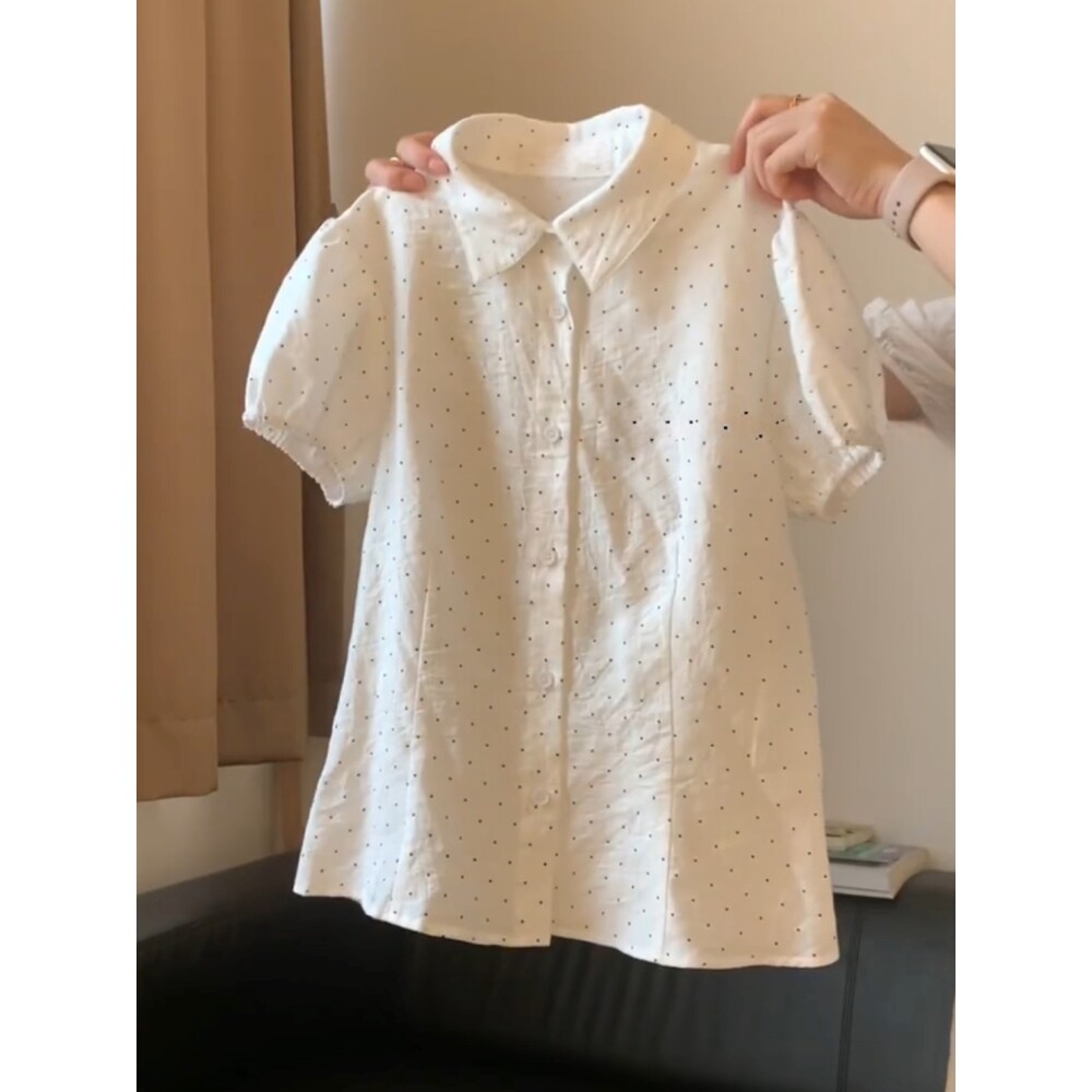 SHIYIYUE波点松紧袖口翻领衬衣女夏季修身显瘦设计感甜美短袖衬衫