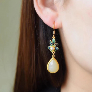 新中式 景泰蓝耳环 国风和田玉水滴S925纯银镀金珍珠耳坠2025年新款