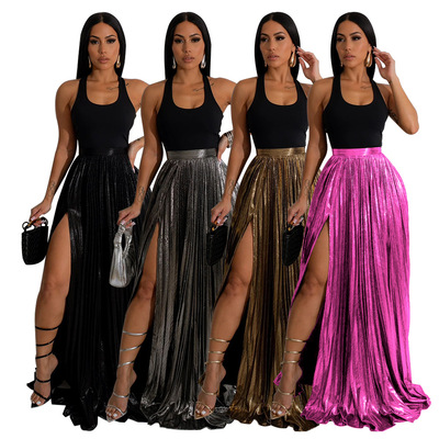 Women midi skirt with high waist and pleated slit long skirt