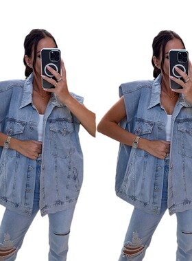 women jeans coat jacket 2024欧美水洗牛仔马甲背心时尚百搭外套