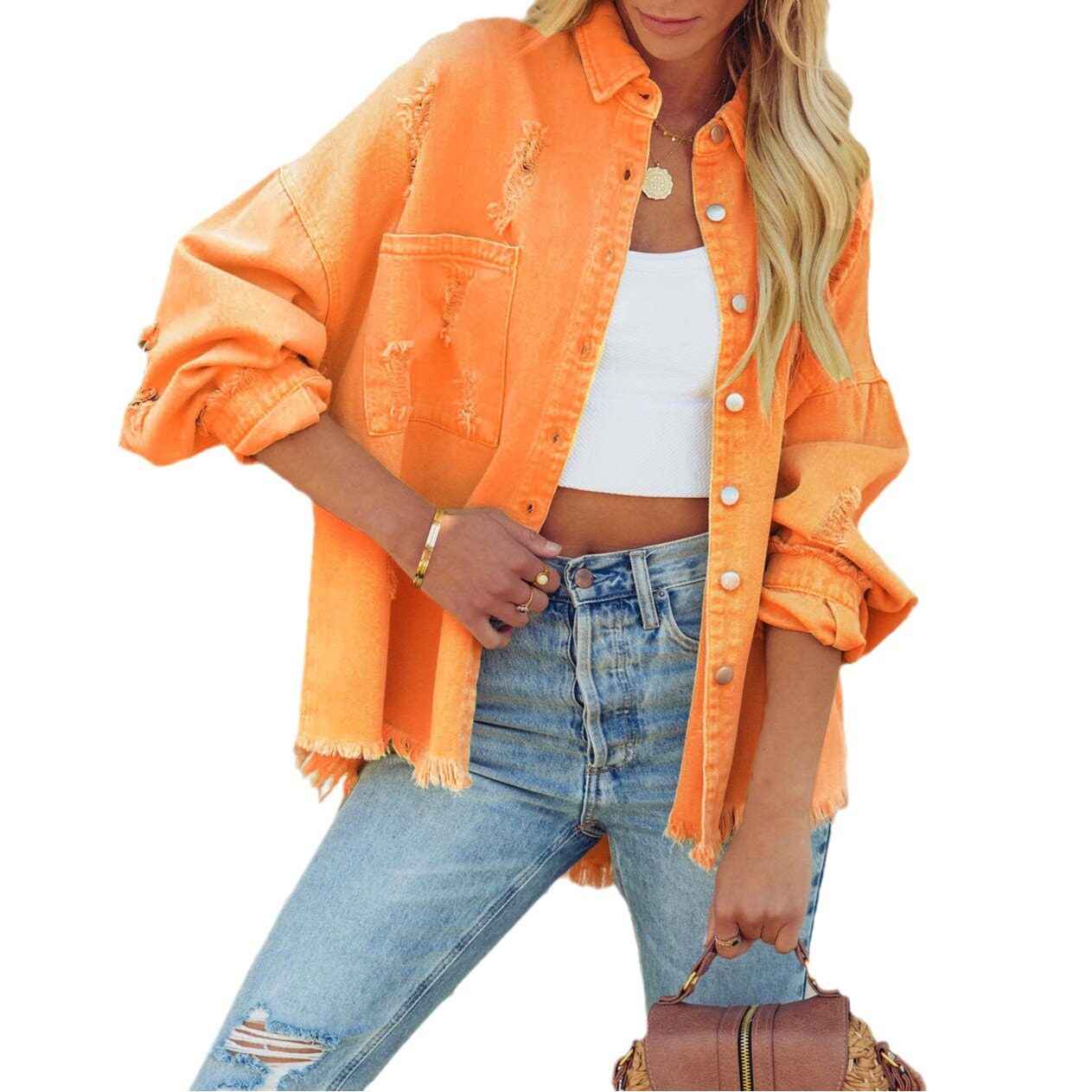 欧美2024翻领长袖复古街头破洞毛边牛仔外套 women jeans jacket