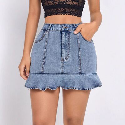 2025欧美外贸ins新款高腰荷叶边半身短裙women jeans skirt mini
