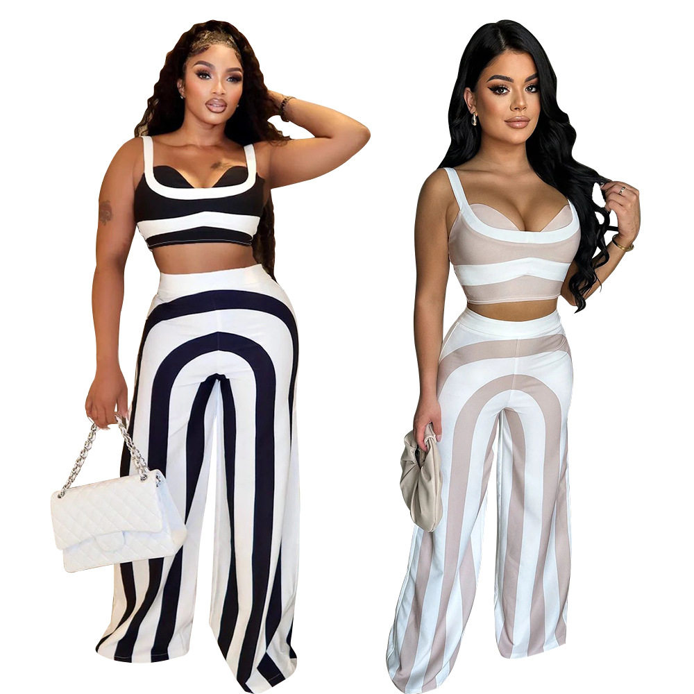 Women's striped camisole+wide leg pants set女吊带+阔腿裤套装