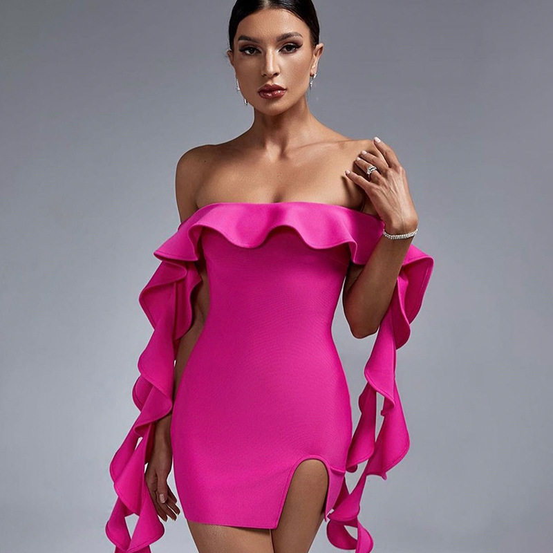 欧美一字肩抹胸荷叶边飘带包臀连衣裙Ladies Backless sexy dress