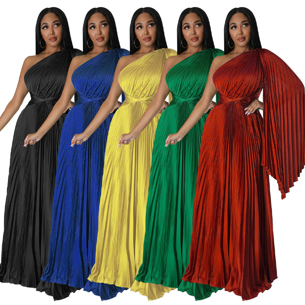 Women's one shoulder pleated skirt with simulated silk dress