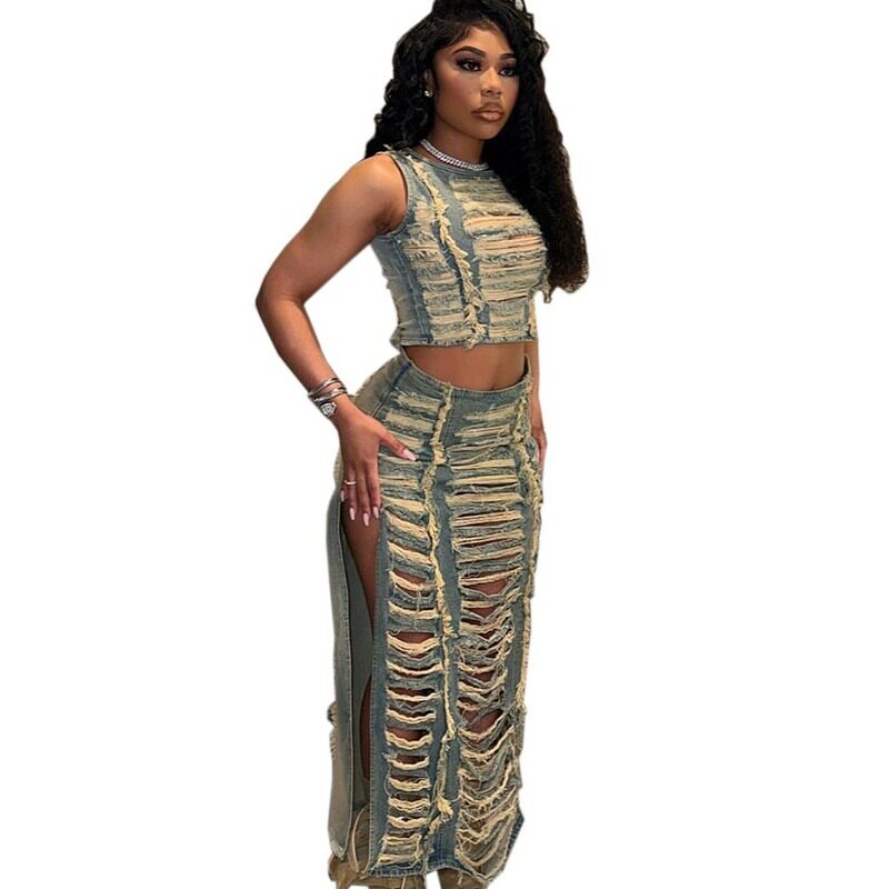 欧美女式牛仔套装手工磨破背心开衩牛仔裙 women jeans dress set