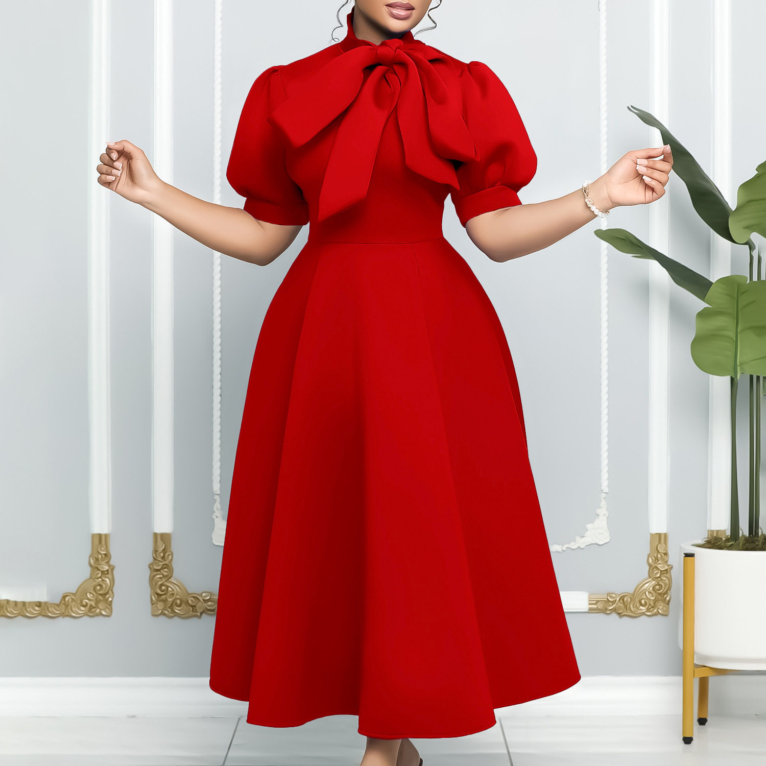 Short sleeved bow dress女短袖系带蝴蝶结蓬蓬礼服欧美连衣裙