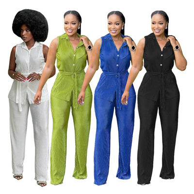 Women's sleeveless top+pleated pants set女无袖上衣+长裤套装