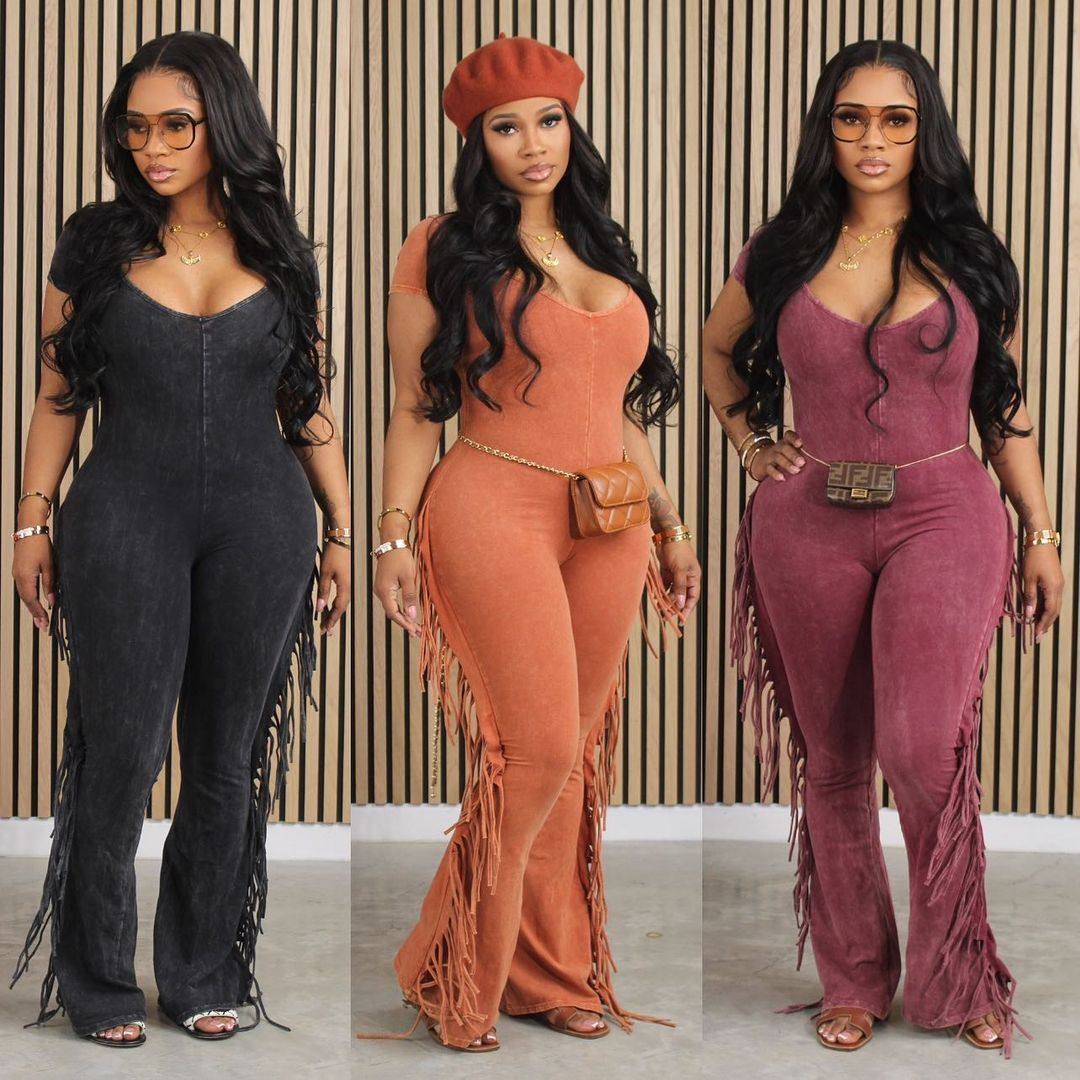 women stretch jumpsuit pants 2024欧美时尚休息紧身流苏连体裤