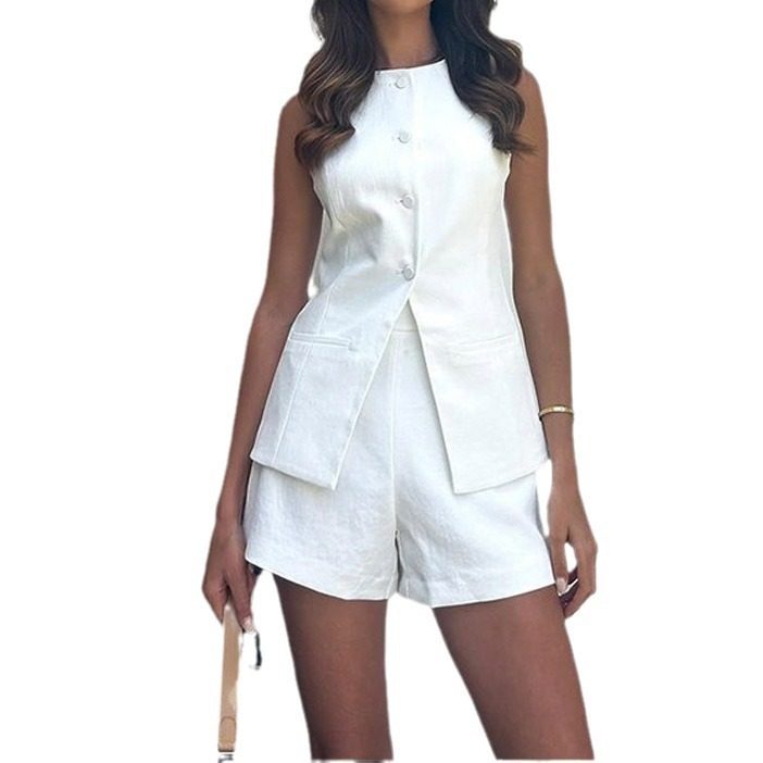 2024白色背心短裤套装高腰马甲两件套 women vest+short set 2pc