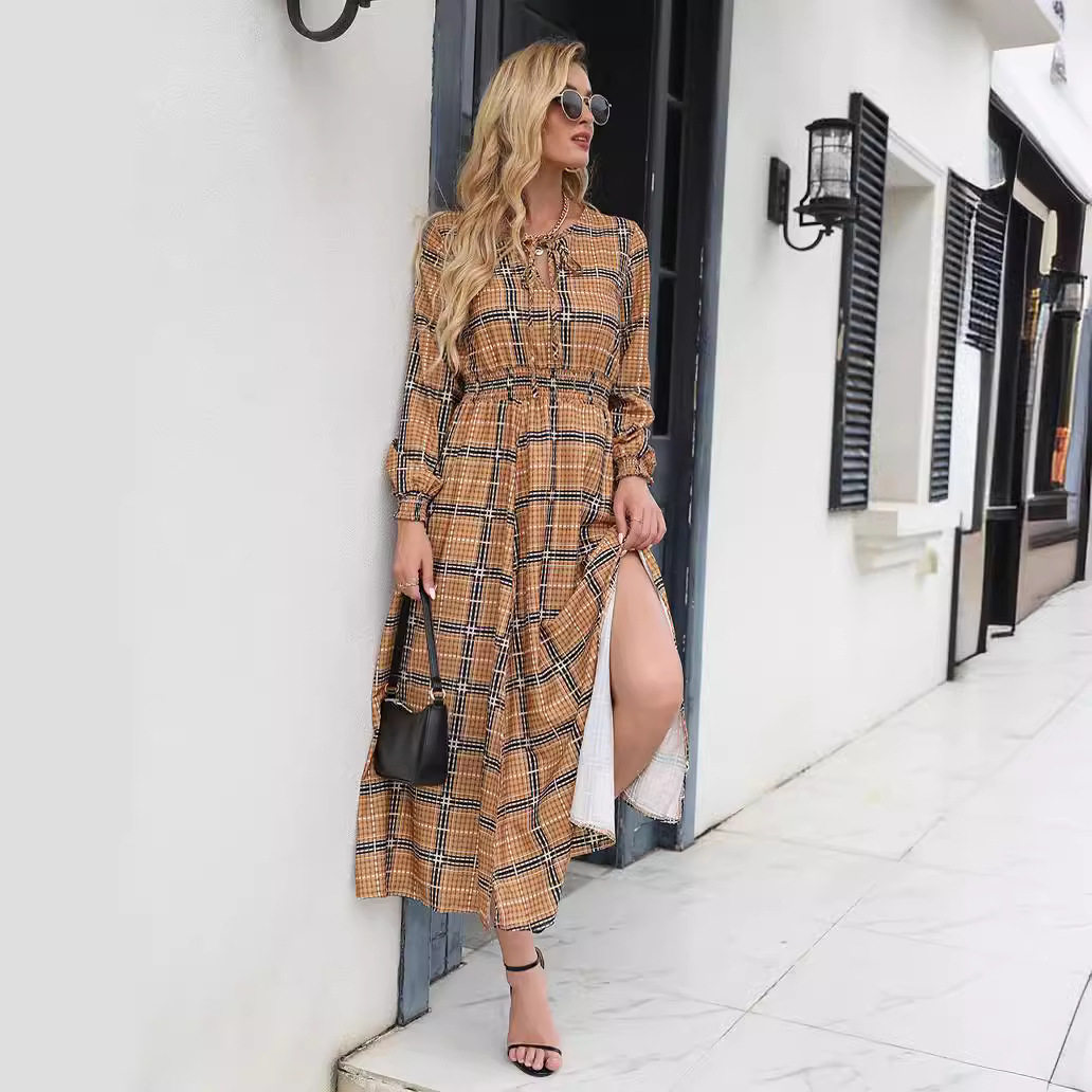 Women plaid waist cinched slit long sleeved dress格子连衣裙