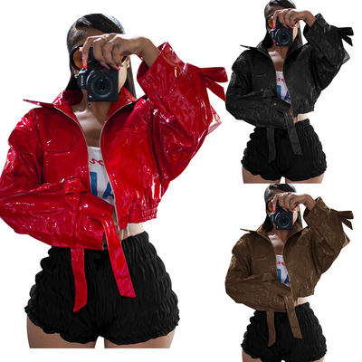 Women's fashionable and sexy solid color PU leather jacket