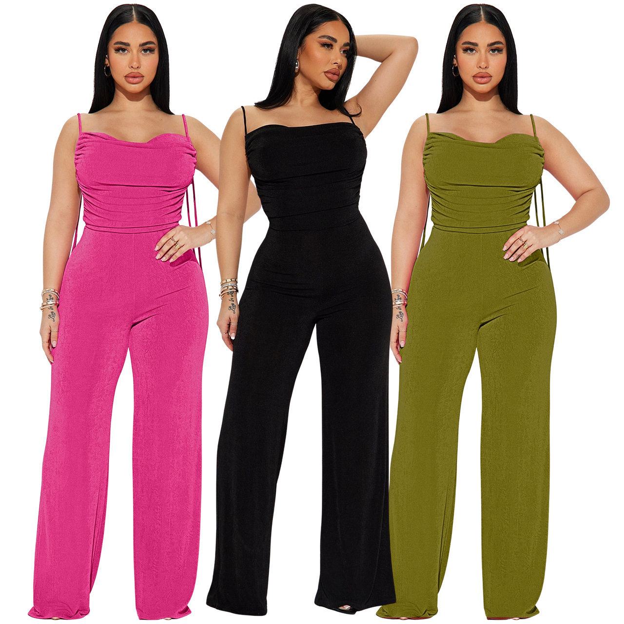 欧美低胸褶皱绑带性感连体裤women sexy Backless jumpsuit pants