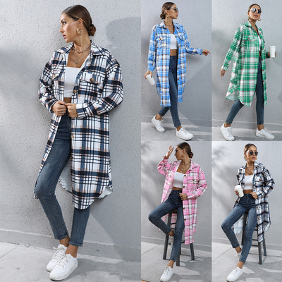 Women's winter plaid long shirt windbreaker jacket女格子风衣