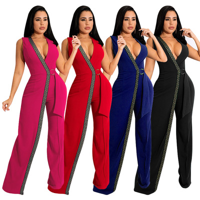 Women's deep V-slim jumpsuit女深v修身连体裤简约时尚长裤