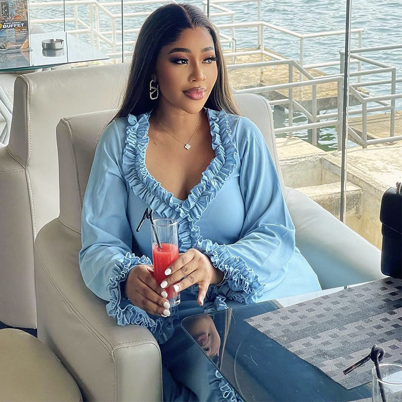 欧美2025夏季V领长袖纯色花边修身长裙连衣裙 Ladies sexy dress