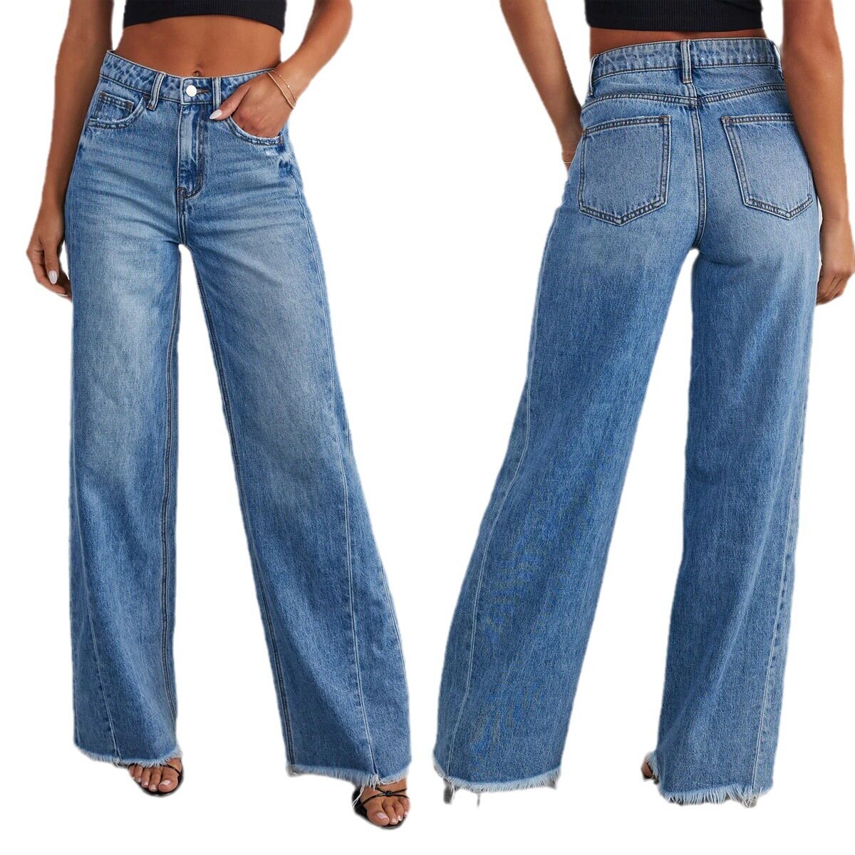 women jeans pants 2024欧美宽松阔腿侧缝拼接磨边下摆牛仔裤女