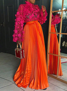 Women's simulated silk pleated skirt女仿真丝压褶半身裙大码裙