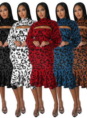 Women leopard print lantern sleeve ruffle edge skirt女豹纹裙