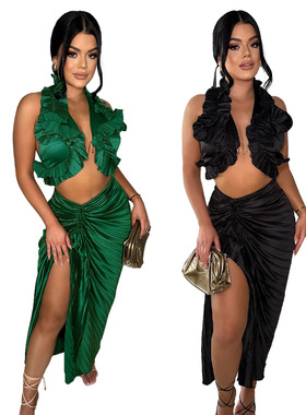 Women's sleeveless slit ruffle skirt set女无袖开叉半身裙套装