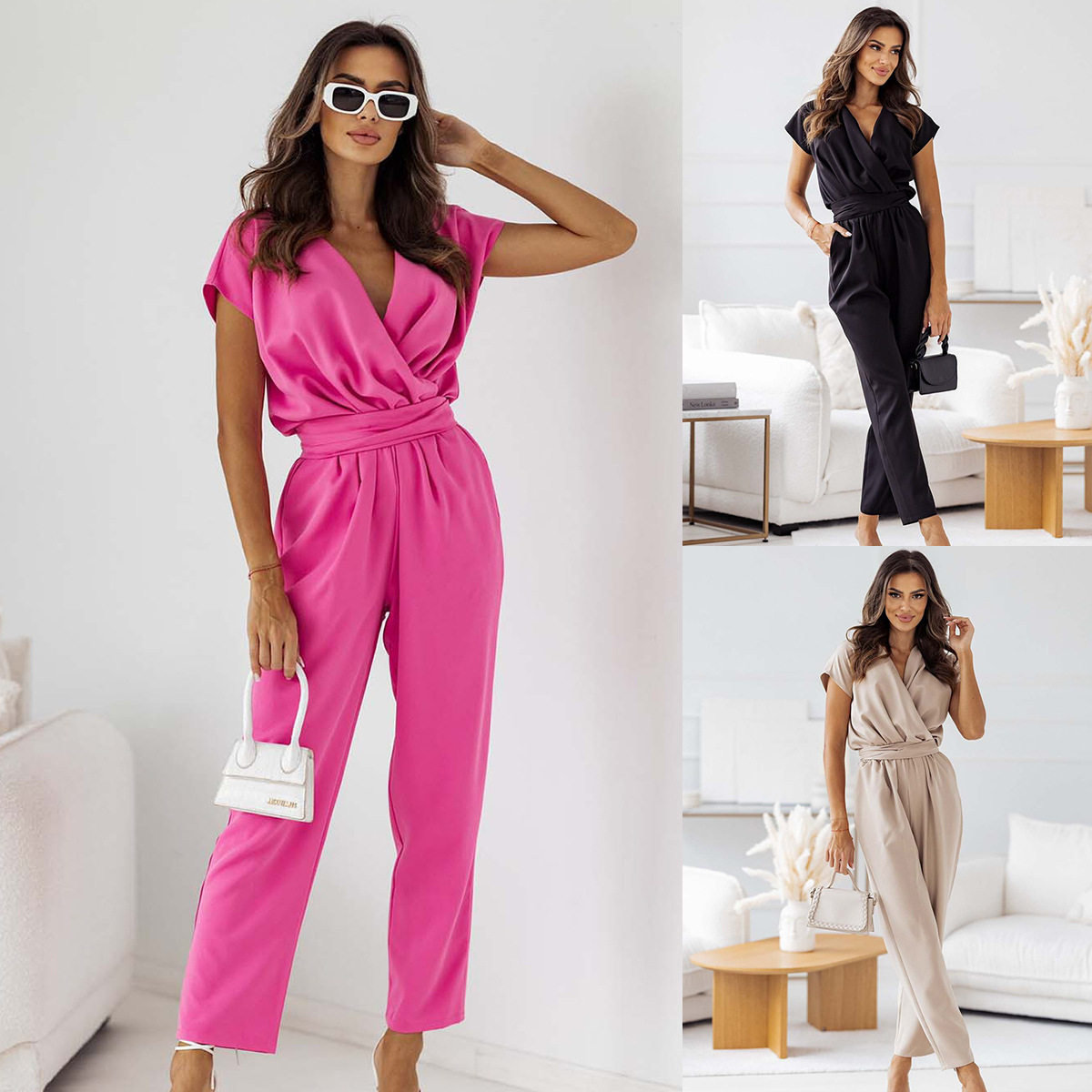 Women's V-neck short sleeved jumpsuit女纯色通勤v领短袖连体裤