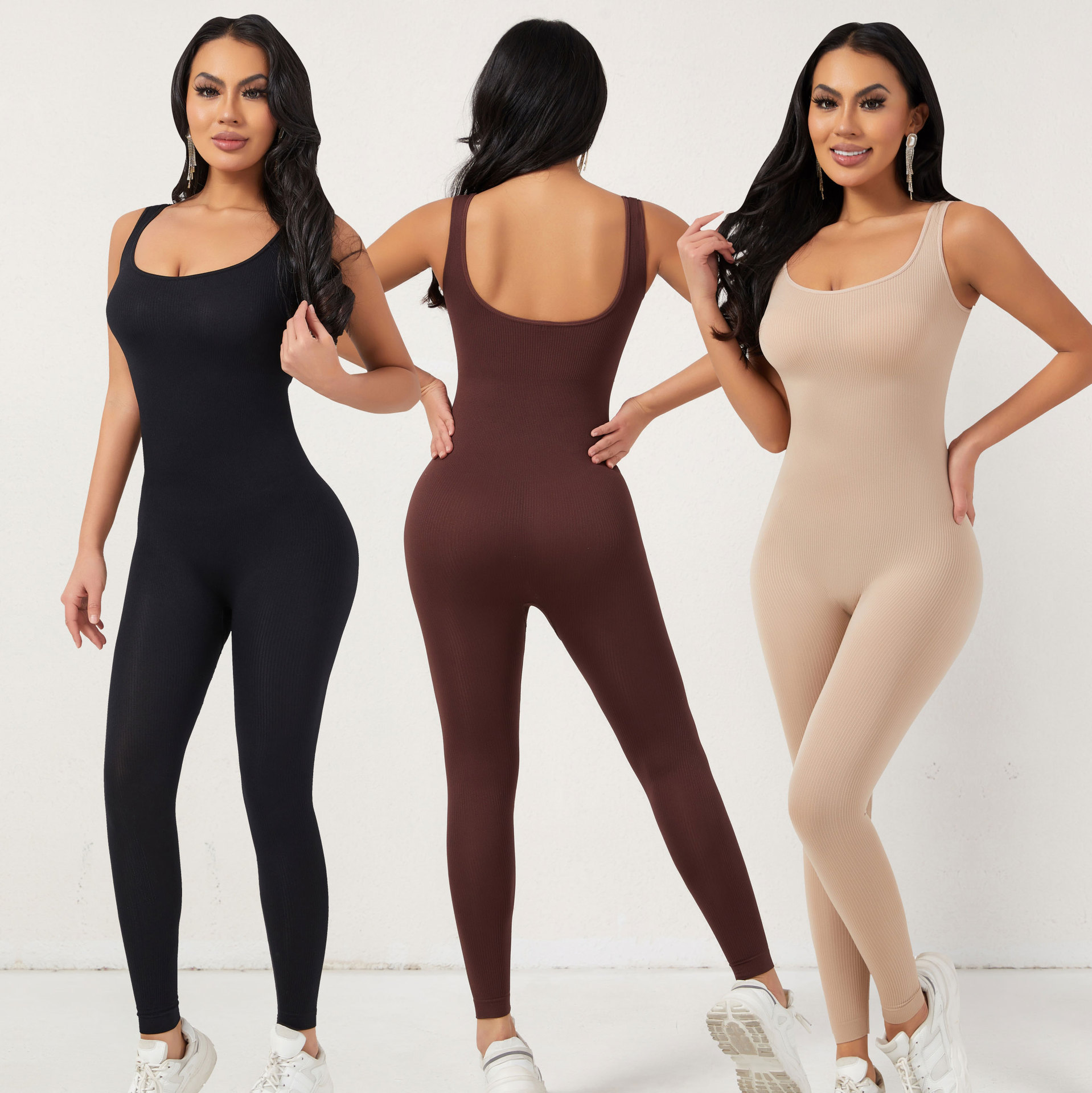 欧美风无袖露背纯色高腰紧身运动连体裤 women stretch jumpsuit