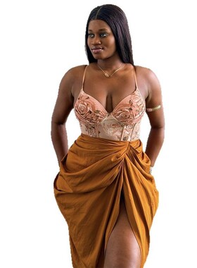 Ladies sexy dress night欧美2025吊带V领印花无袖褶皱开叉连衣裙