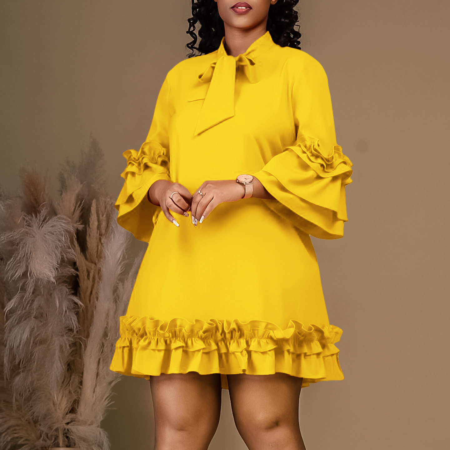 Women lotus leaf sleeve dress女宽松大码荷叶袖系带纯色连衣裙