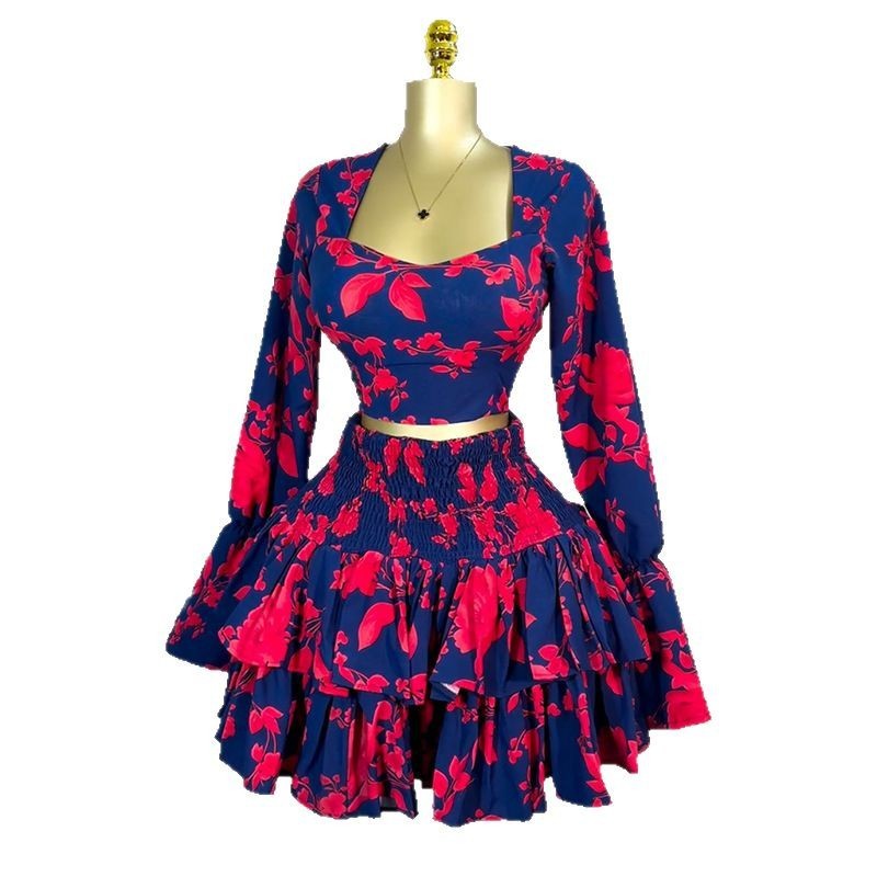 欧美印花方领长袖衬衫高腰荷叶边半身裙两件套 women dress set