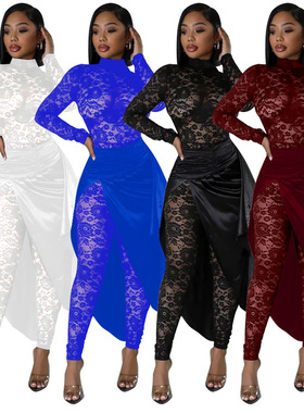 Women sexy lace jumpsuit imitation silk skirt set仿真丝套装