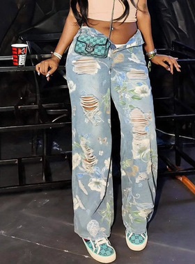 Women's floral graffiti printed ripped jeans女涂鸦破洞牛仔裤