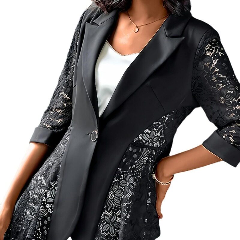 欧美蕾丝拼接西装气质优雅纯色女士上衣 women lace suit jacket